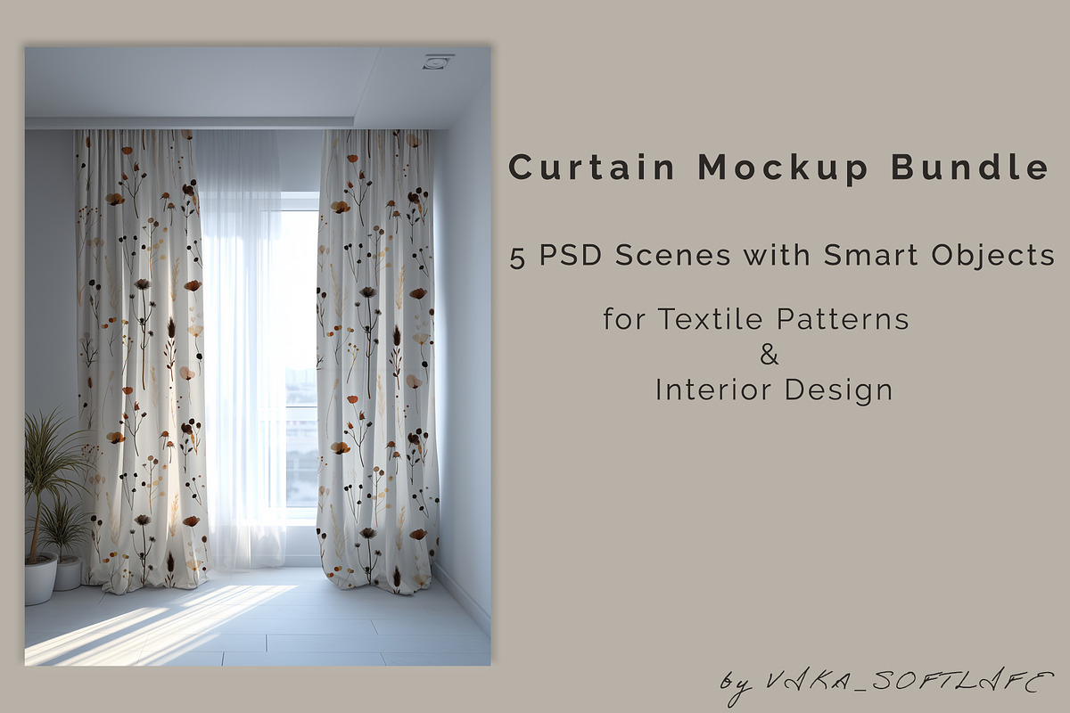 Curtain Mockup Set – 5 PSD Scenes, a Household Mockup by Vika_Softlife (Photo 1 of 9)