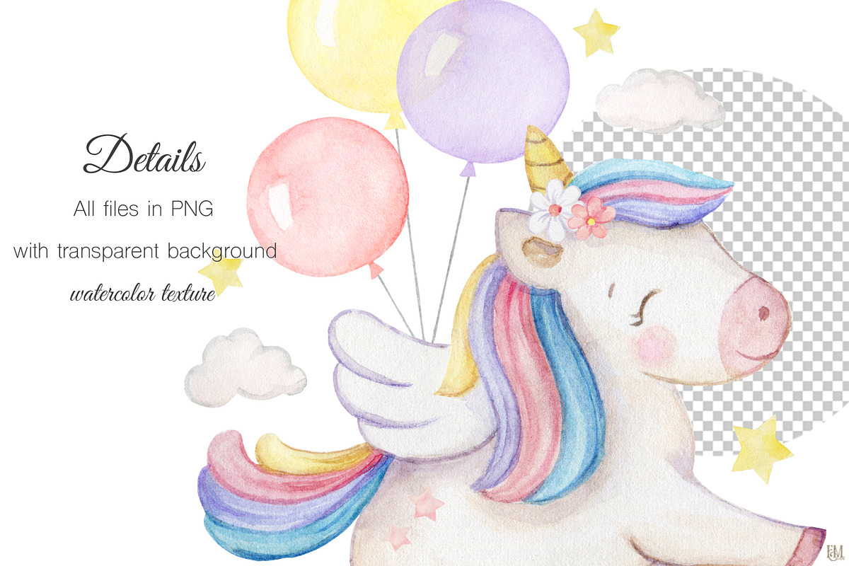 Watercolor Cute Rainbow Unicorns, a Decorative Illustration by Elena Medvedeva (Photo 4 of 6)