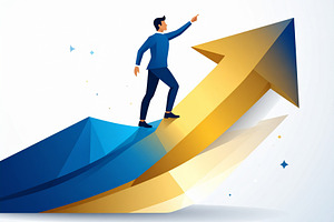 Person standing confidently at top a large upward arrow, a Business Photo by DanFLCreativo