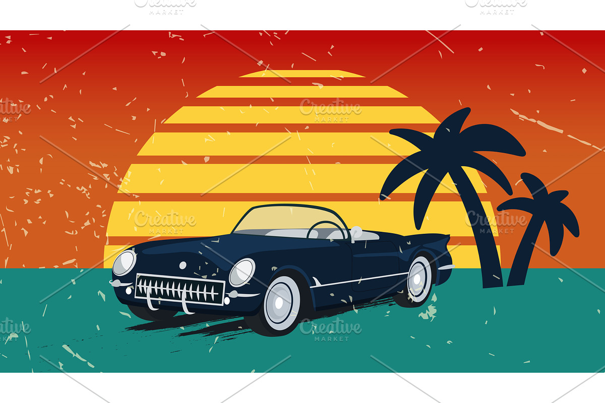 Retro car against a sunset, an Illustration by Tati_Kli