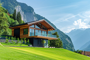 Modern swiss chalet with green grass on mountains background, an Architecture Photo by AlyaAnd