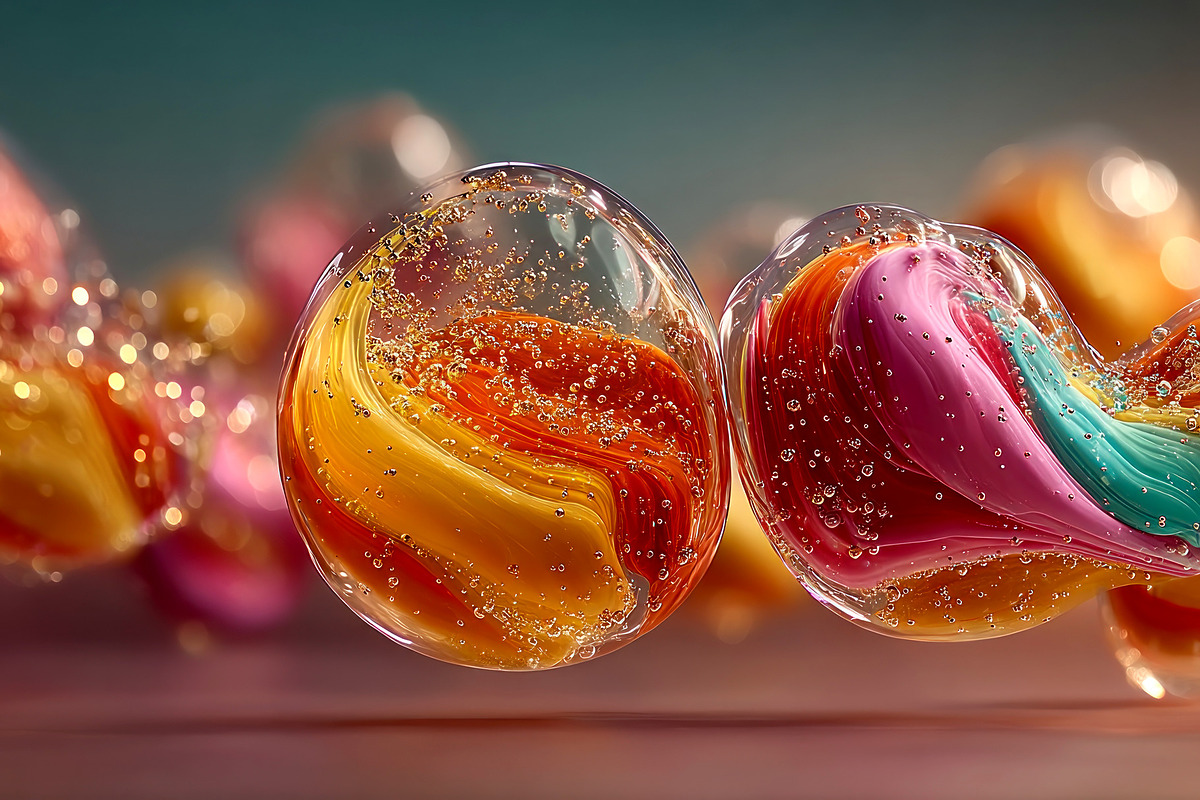 Close-up of colorful glass spheres with swirling ribbons and gol, a Decorative Illustration by José Manuel Gelpi