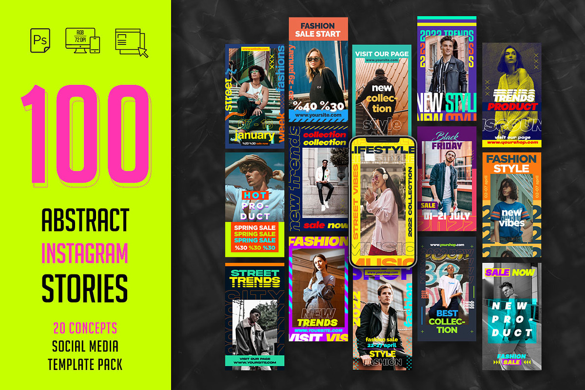 100 Abstract Reels PSD Templates, a Social Media Template by Giraffe Design Studio (Photo 1 of 21)