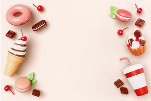 3d sweet food frame on pastel, a Food & Drink 3D Model by Marozhkastudio