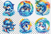 Watercolor Summer Dolphin Clipart Bu, an Illustration by SVGArt (Thumbnail 2 of 9)