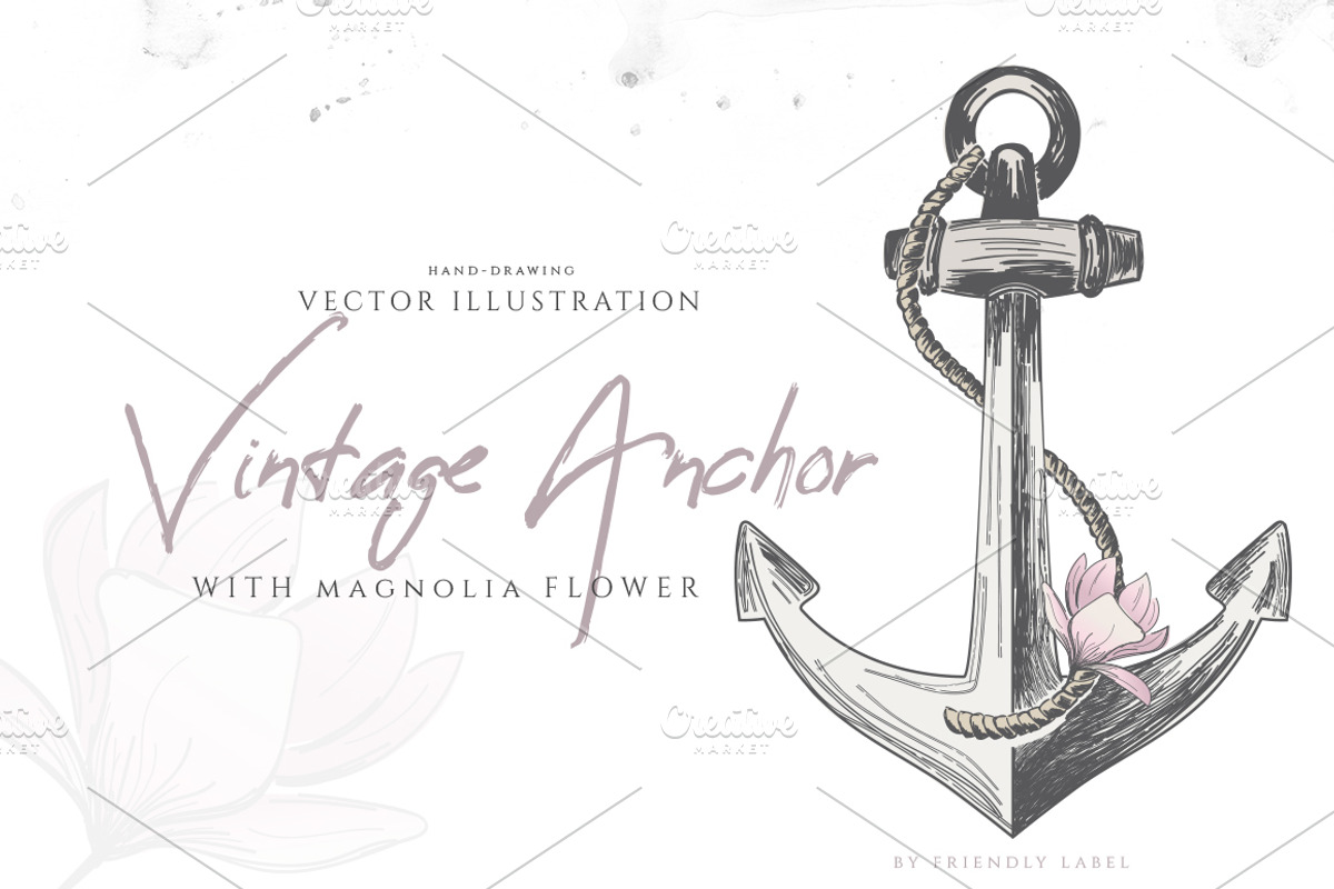 VINTAGE ANCHOR with magnolia flower, an Illustration by Friendly Label (Photo 1 of 2)