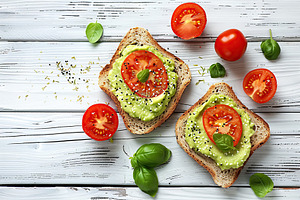 Toast bread with avocado puree and tomatoes on wooden table. Vegetarian food., a Food & Drink Photo by AlyaAnd