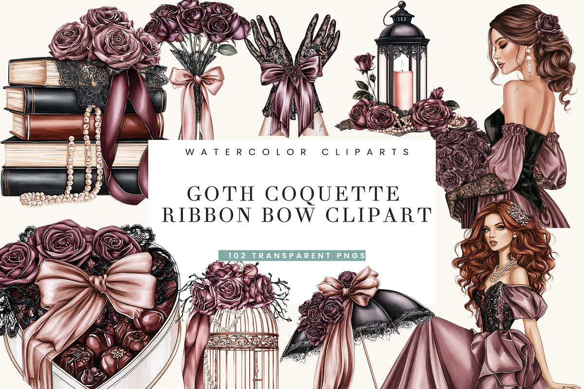 Goth Coquette Ribbon Bow Clipart, a Decorative Illustration by BusyDaydesign (Photo 1 of 9)
