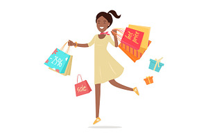 Woman Shopping. Lady Carries Paper Bags. Hot Sale