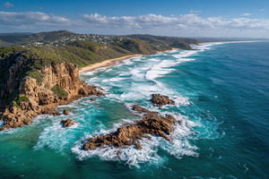 rocky outcrops and foamy waves crash, a Photo by Pavel_design