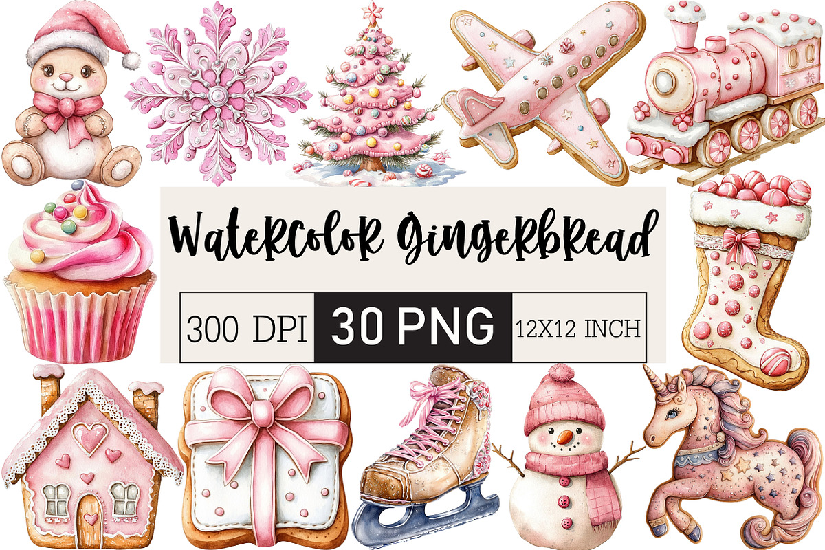 Watercolor Pink Gingerbread Clipart, an Illustration by Black Bird Studio (Photo 1 of 6)