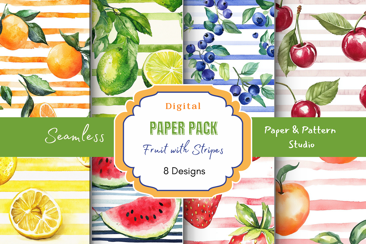 Fruit with Striped Pattern Seamless, a Pattern Graphic by Paper & Pattern Studio (Photo 1 of 9)