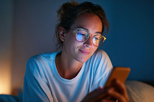 Casual woman enjoying entertainment on her smartphone while relaxing on a bed a, a Person Photo by AlyaAnd