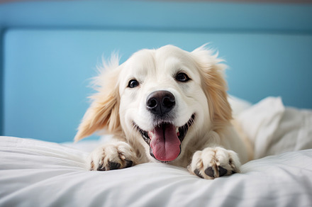 Dogs on a bed is smiling, close-up, humorous, an Animal Photo by zakiroff
