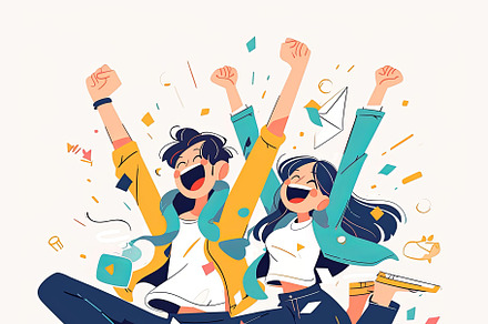 Happy young friends celebrating victory with exciting expressions and confetti, an Illustration by AS photostudio