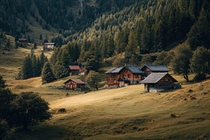 Houses in a green valley with trees, a Photo by Beautiful things
