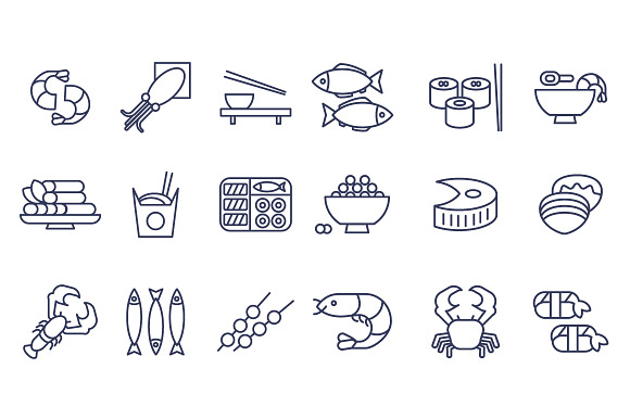 Seafood Icons Thin Line Style Flat