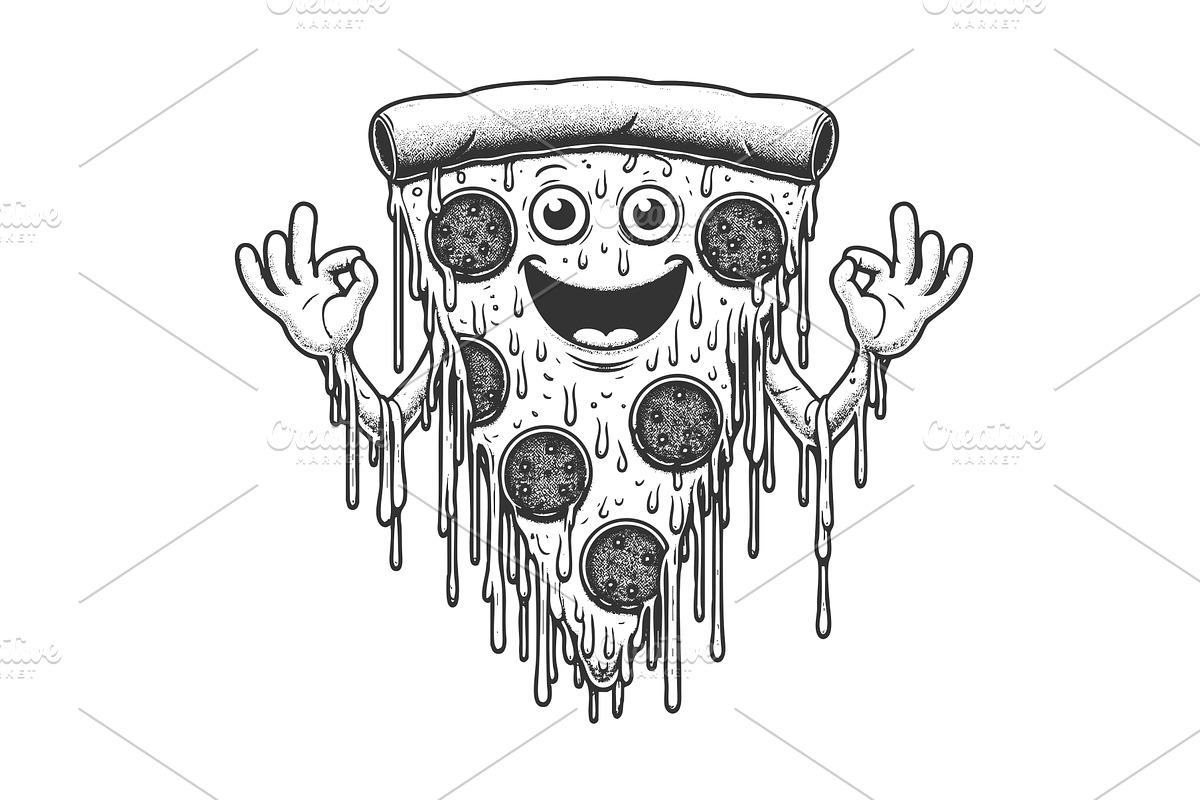 Smiling melting pizza slice cartoon, a Food Illustration by AlexArt