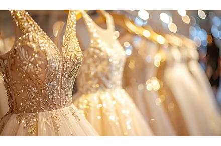 Close-up of elegant dresses adorned
