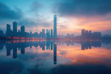 A tranquil city skyline at sunset re, a Photo by LOGOCREATIVE