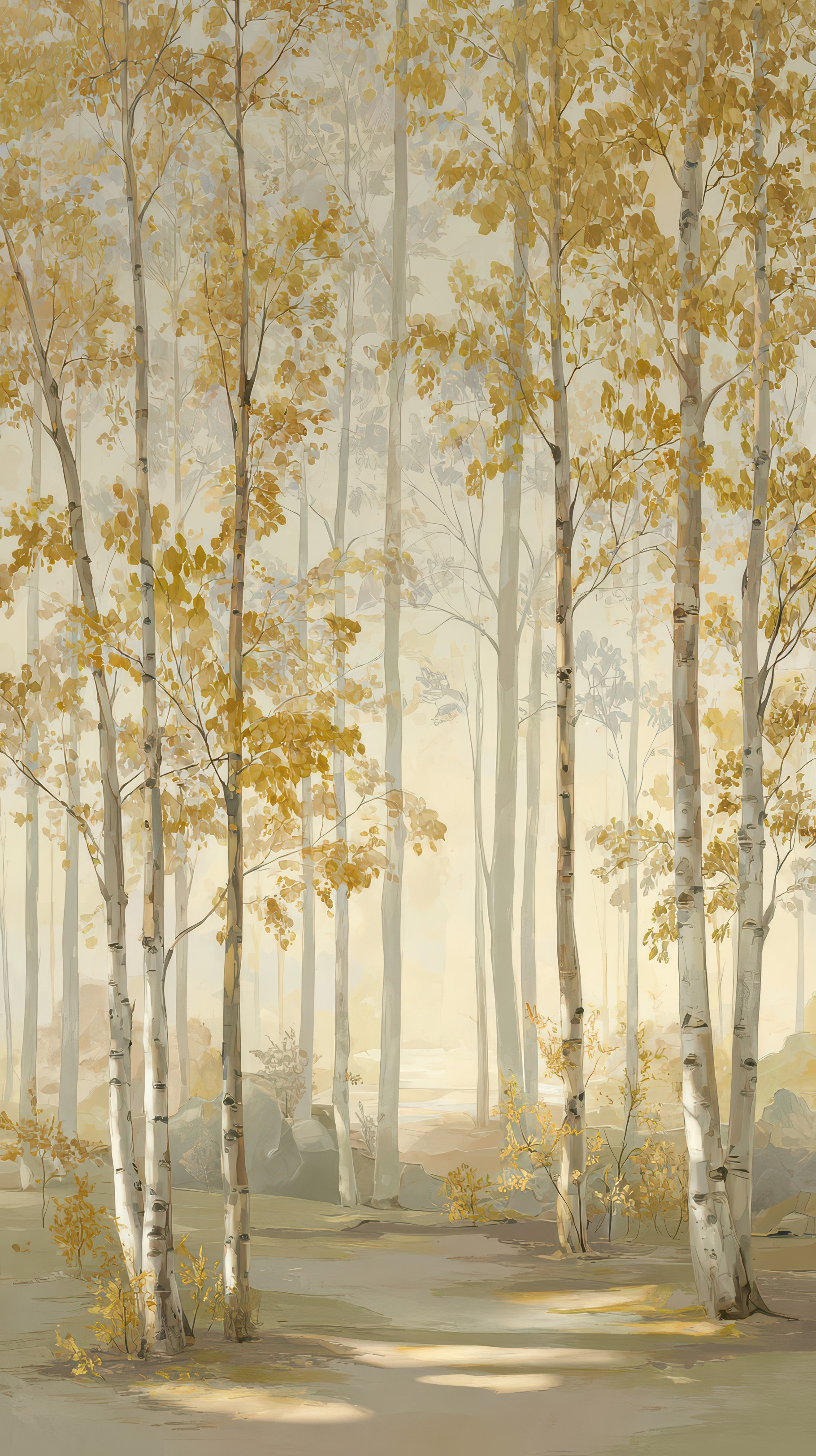 Golden Birch Tree Forest Wallpaper, a Decorative Illustration by Virgo ...