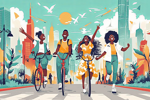 Group of friends biking and enjoying a sunny day in the city, a Photo by AS photostudio