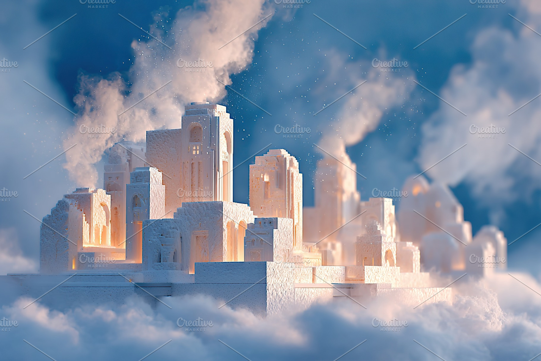 Cloud city with illuminated buildings and soft clouds during twilight hours, a Photo by AlyaAnd
