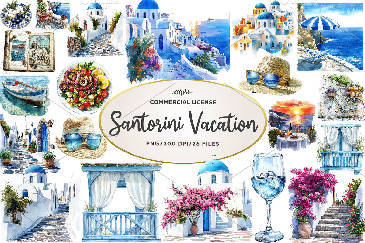 Summer Santorini Vacation Clipart, an Illustration by CreationArt (Photo 1 of 5)