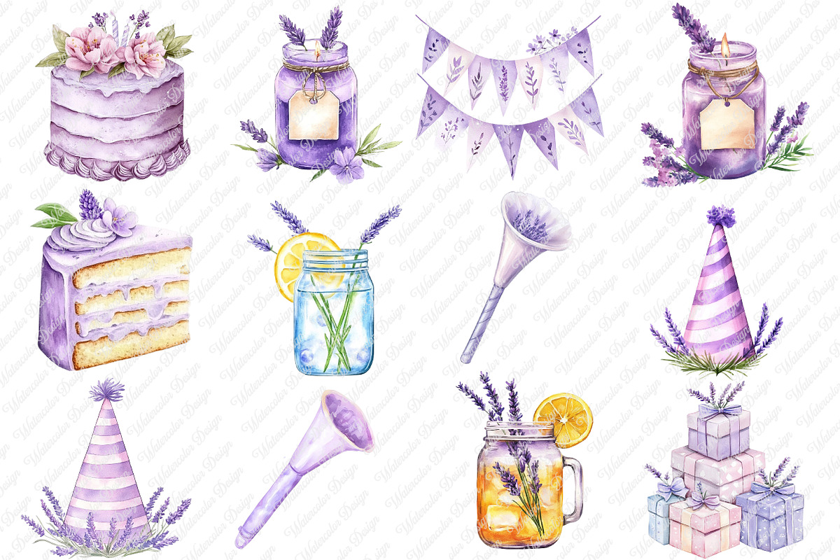 Lavender Floral Birthday Clipart, an Illustration by Watercolor design (Photo 2 of 11)