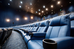 Modern cinema theater with blue leather seats, an Arts & Entertainment Photo by AlyaAnd
