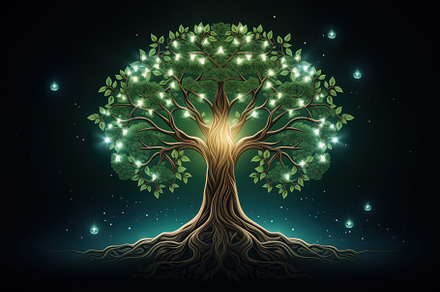Beautiful spirit tree with green sparkling leaves, on black back, a Nature Photo by Studio Light & Shade