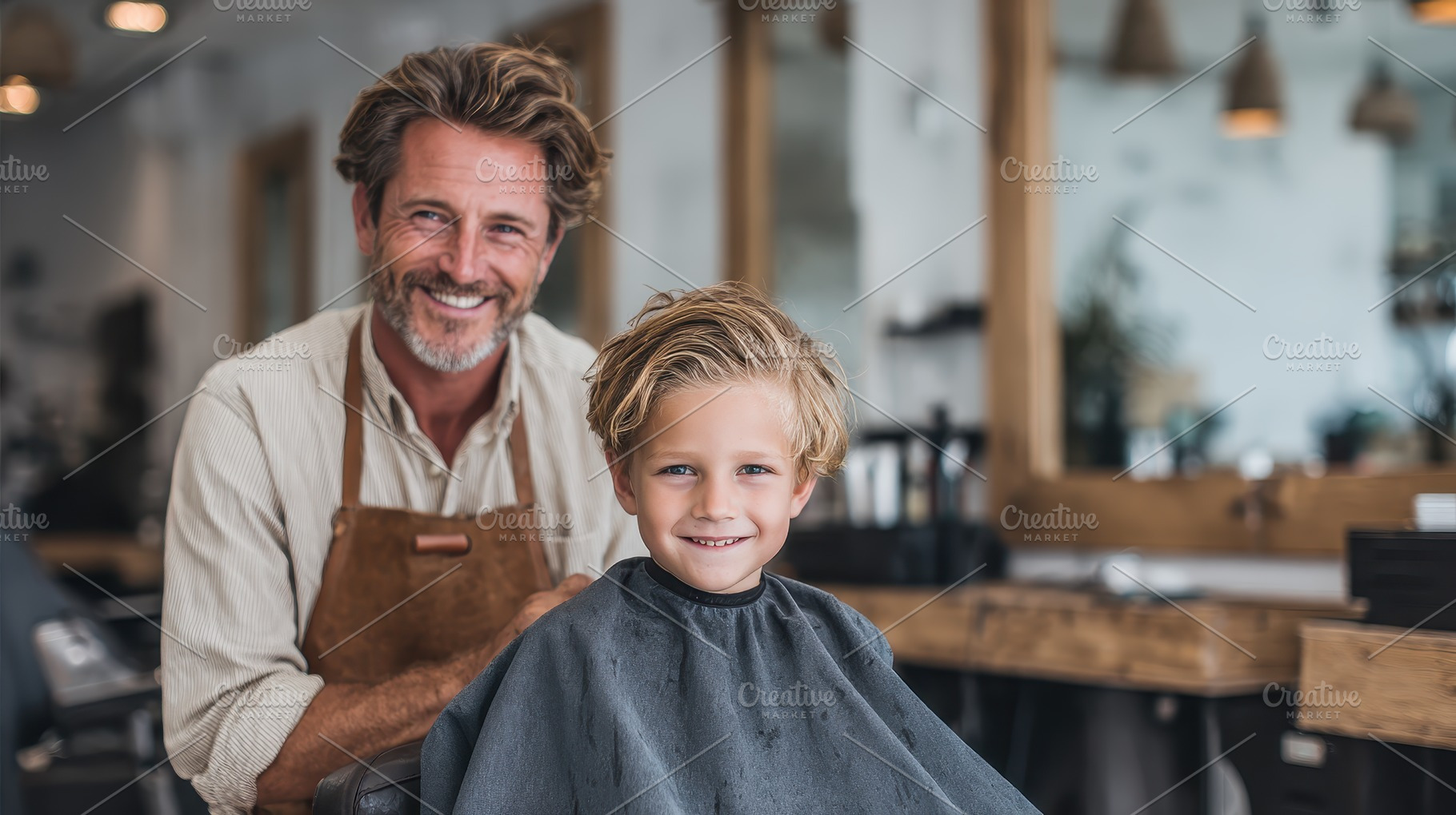 Happy boy getting haircut smiling ba, a Photo by Pixeness Studio