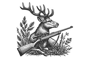 Deer With Hunting Rifle In Nature