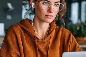 Woman working on laptop wearing glas, a Photo by Pixeness Studio