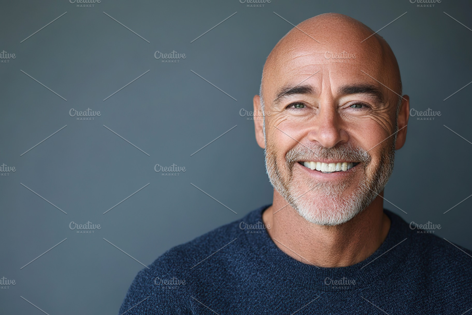 Portrait of middle age bald man on grey background, a Person Photo by AlyaAnd