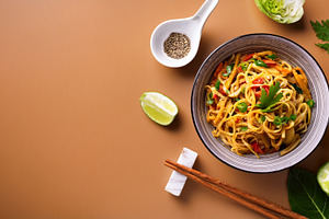 vegetarian curry noodles AI generated, a Photo by WorldOfPhotos