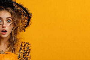 Surprised young woman in witch costume holding pumpkin on bright, a Person Photo by José Manuel Gelpi