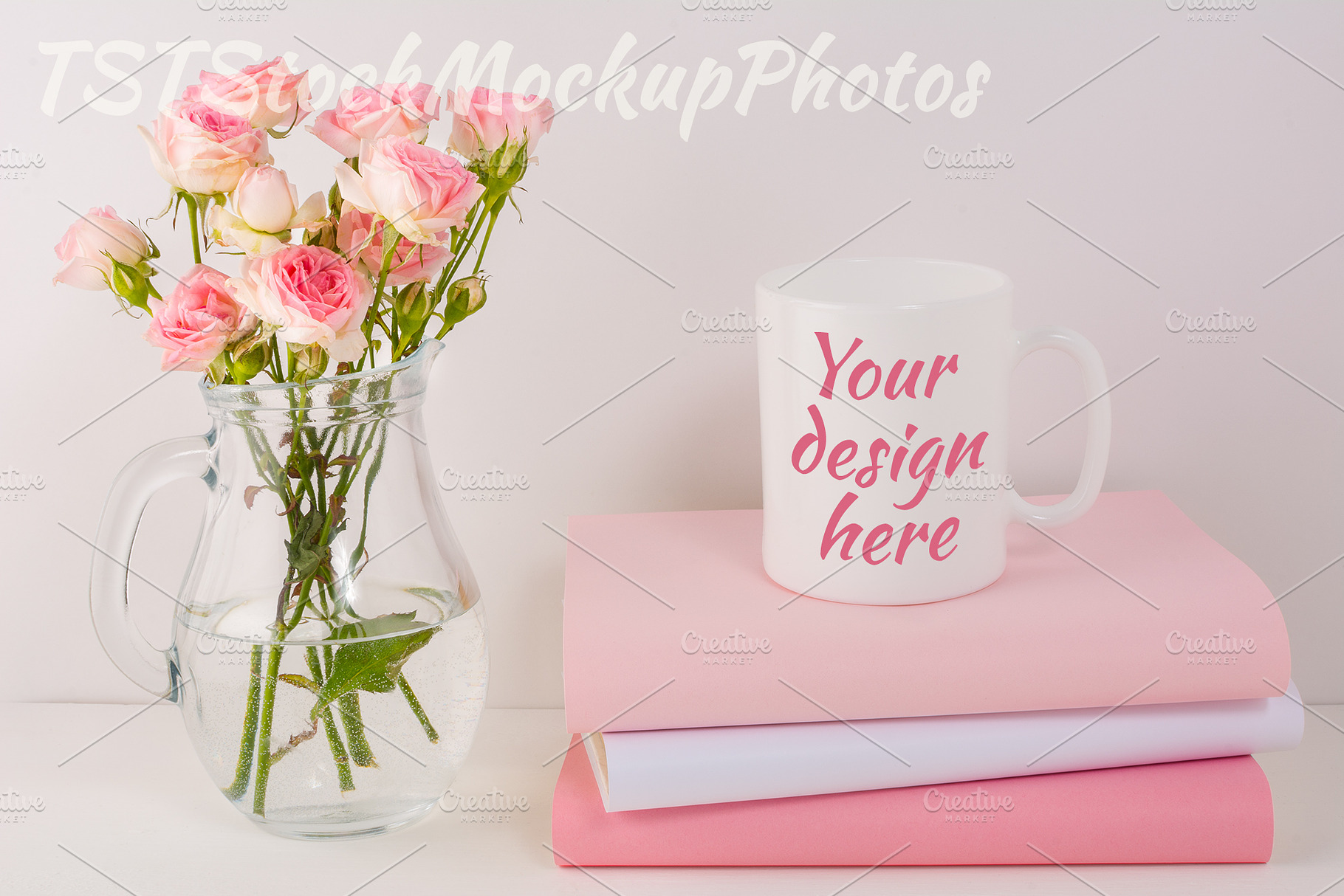 Mug mockup with pink roses, a Background Photo by TasiPas