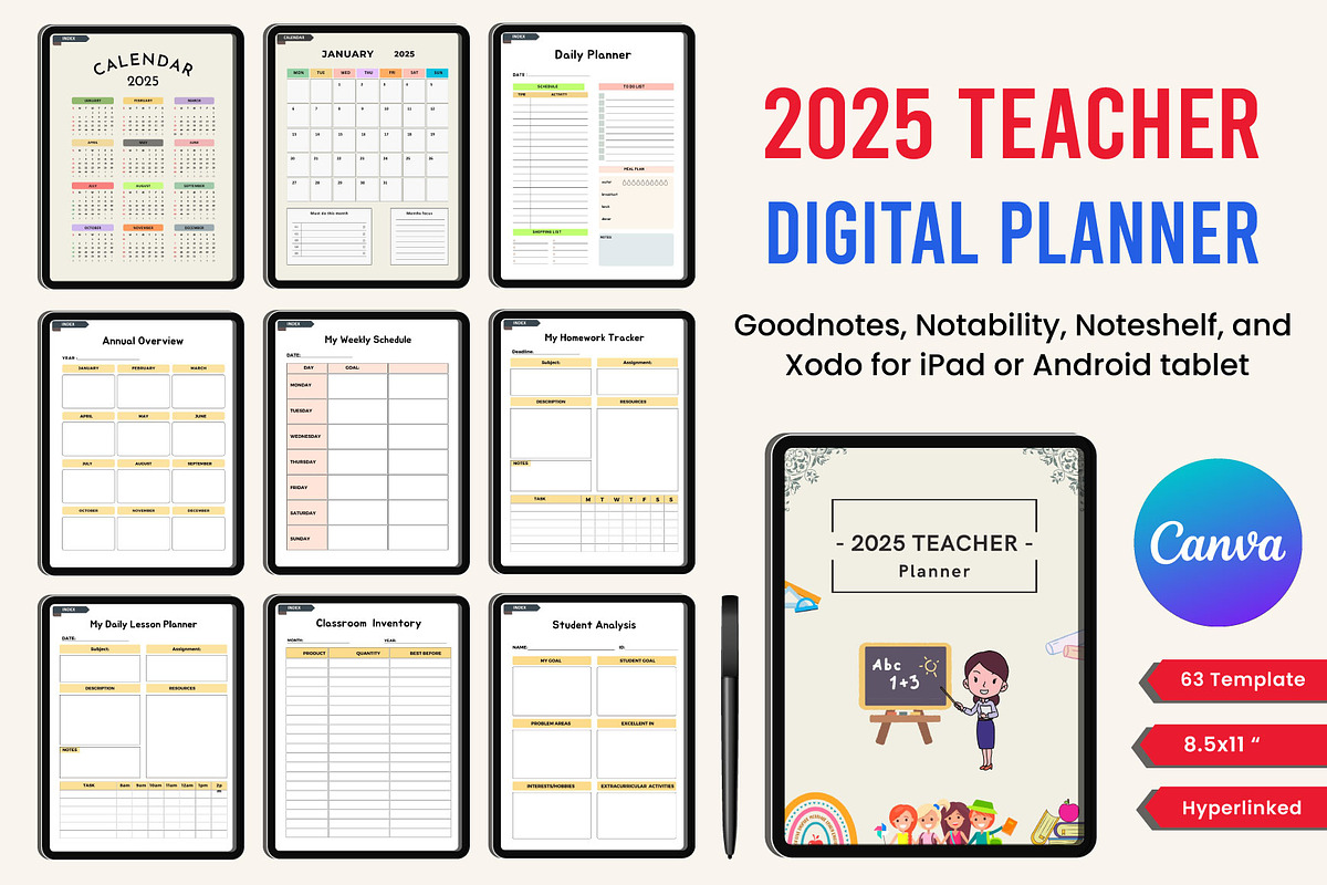 2025 Digital Teacher Planner Canva, a Stationery Template by Designmela01 (Photo 1 of 10)