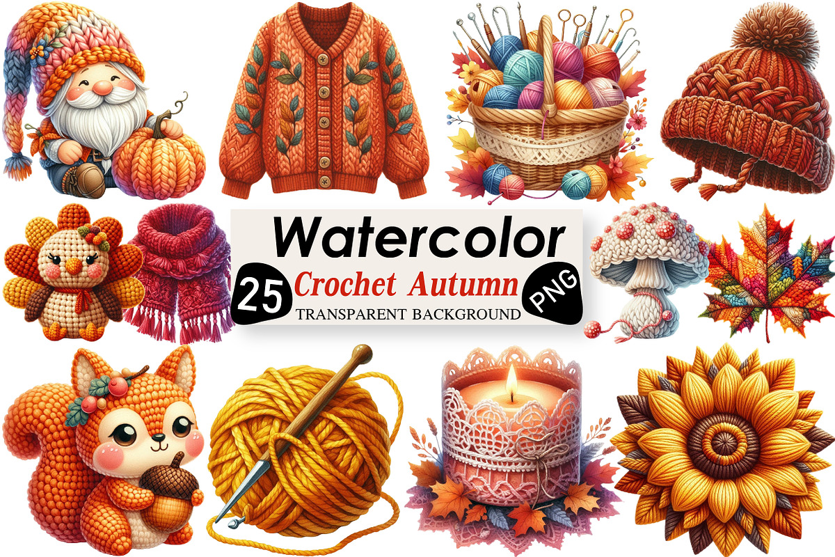 Watercolor Crochet Autumn Clipart, an Illustration by Black Bird Studio (Photo 1 of 6)
