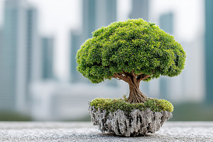 Urban ecology and sustainable business concept with a bonsai tree on a rocky ba, a Photo by AS photostudio