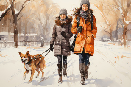 Two Diverse Women Walking Dog in Winter Park, Friendly Companionship, a Photo by AS photostudio