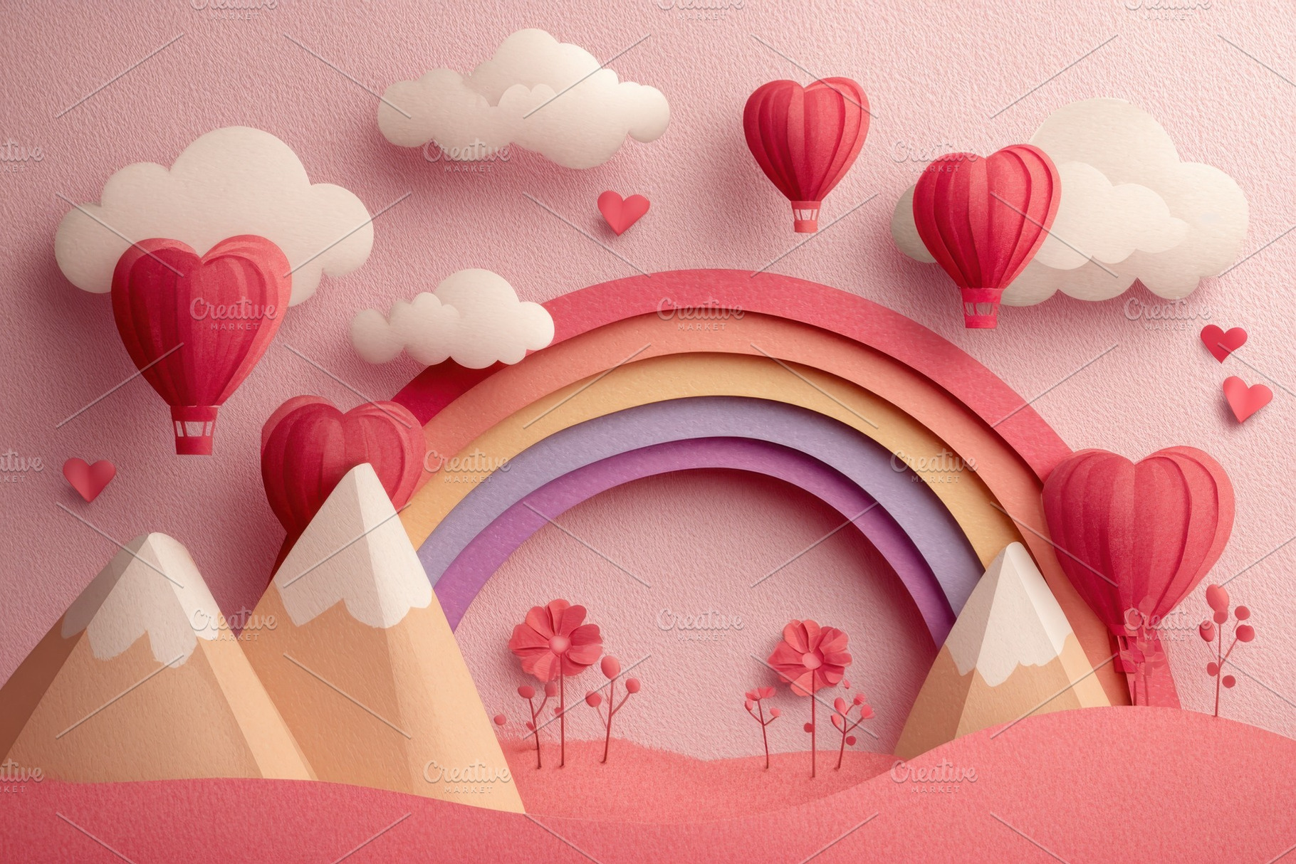 Heart balloons fly over rainbow moun, a Photo by Pixeness Studio