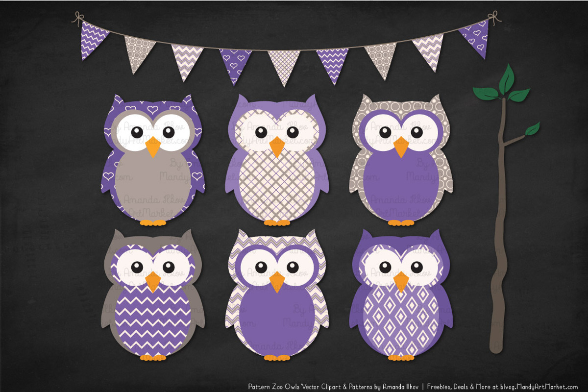 Owls Clipart & Patterns in Purple, an Animal Illustration by Amanda Ilkov (Photo 3 of 4)