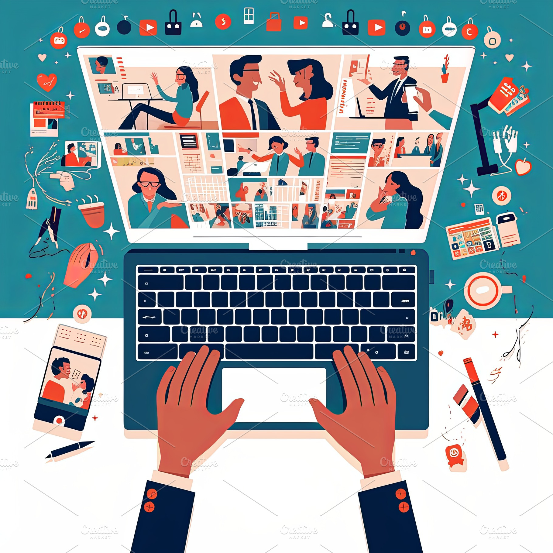 Businesspeople collaborating virtually on digital devices in a modern workspace, a Photo by AS photostudio
