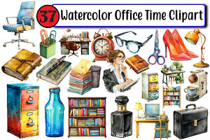 Watercolor Office Time Clipart, an Illustration by Design Market