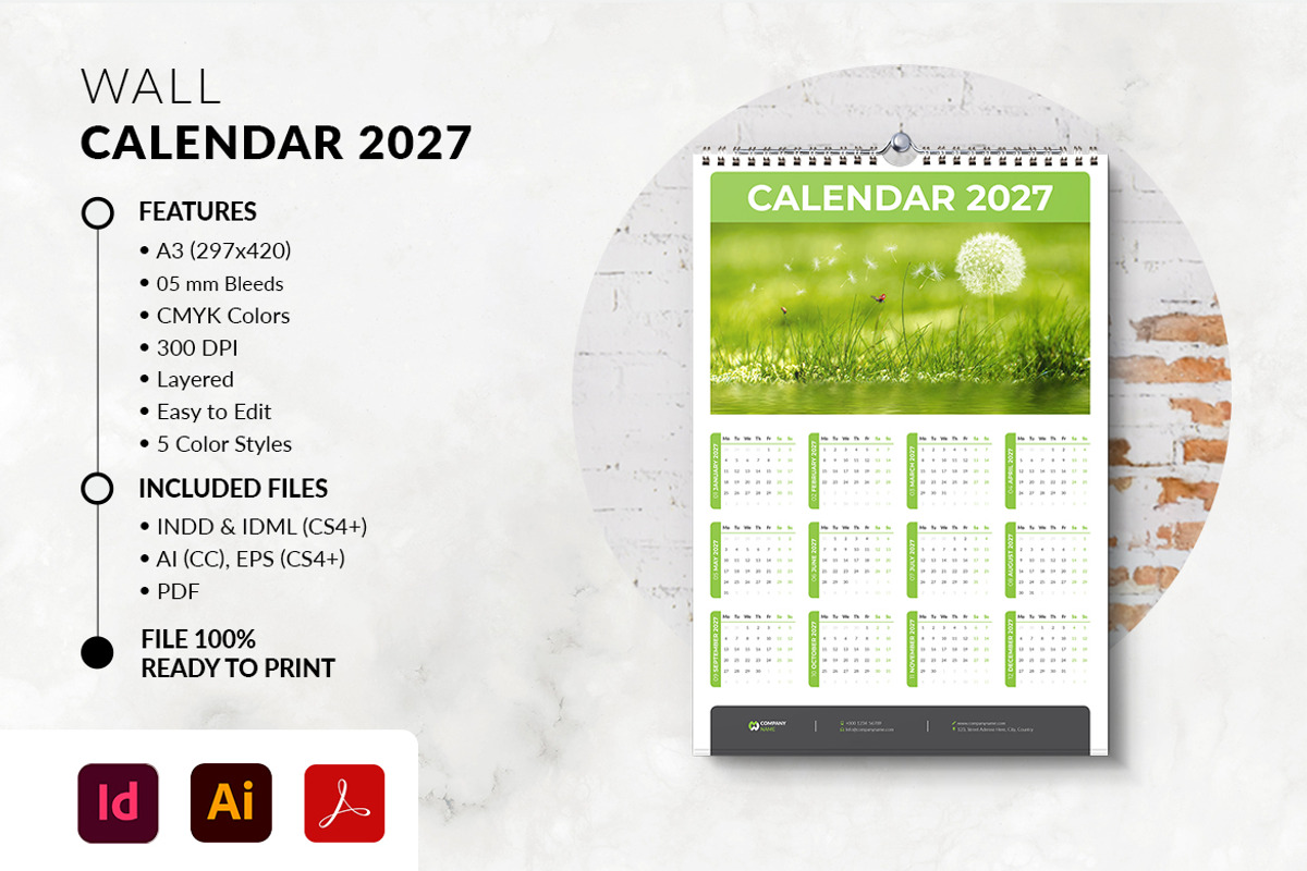 2027 Wall Calendar A3 Print Template, a Stationery Template by MstArtwork (Photo 2 of 5)