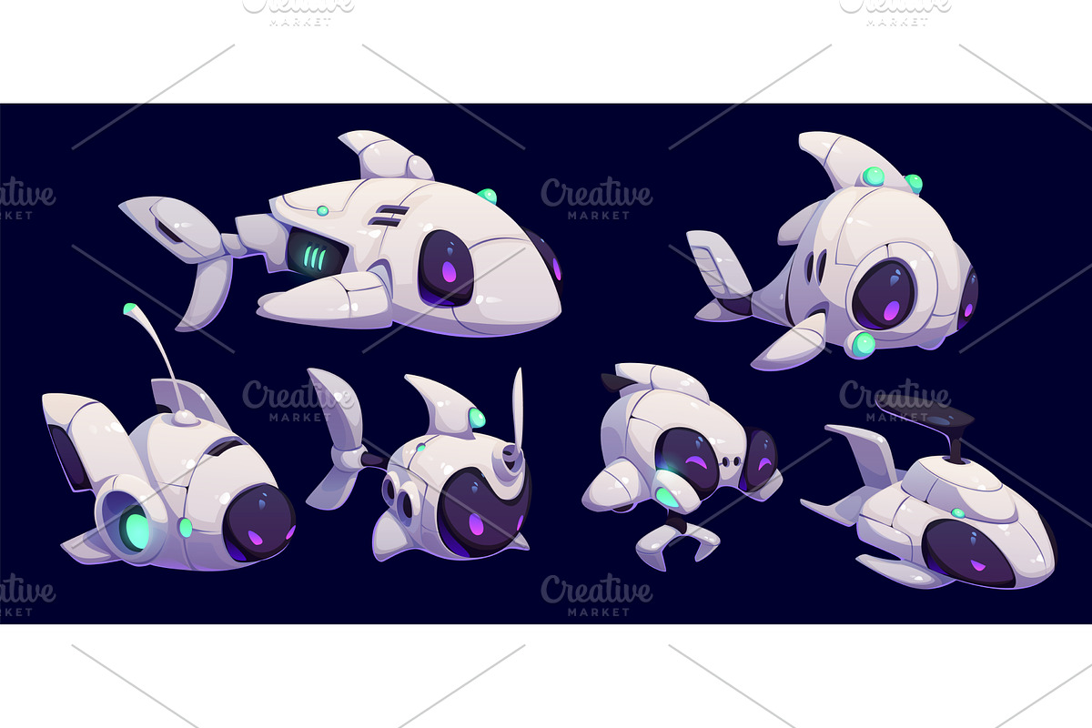 Cartoon underwater robot mascots, a Technology Illustration by Vector Tradition