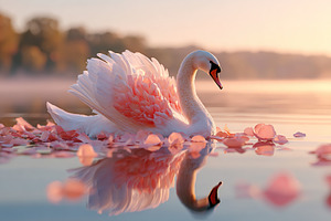 Elegant swan gliding through calm waters surrounded by flower petals at sunset, a Photo by AlyaAnd