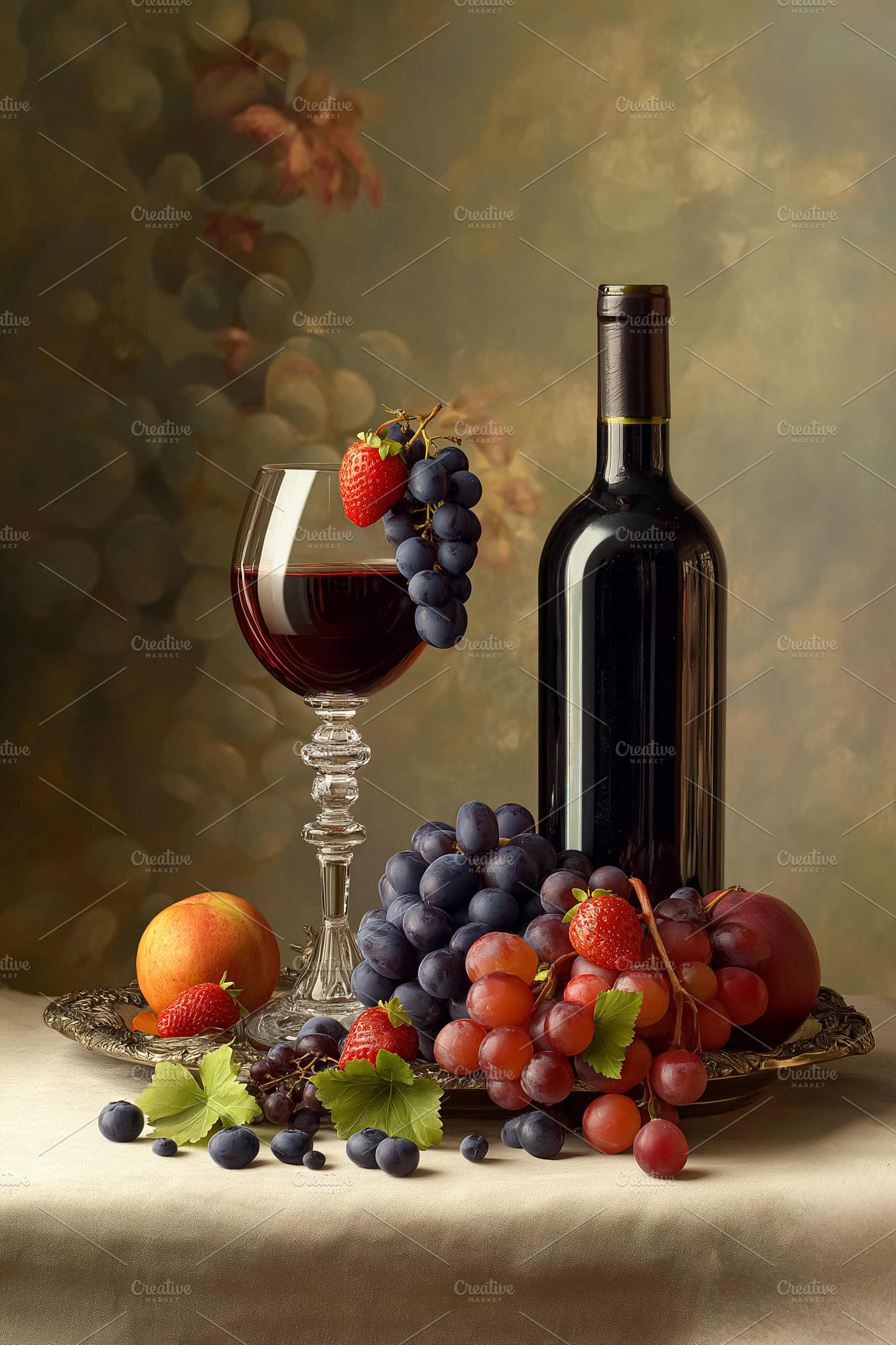 Still life composition with red wine bottle, glass, dark and red grapes, strawb, a Food & Drink Photo by Studio ANNA